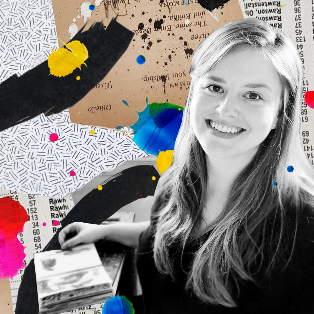 Ingrid Murray digital collage. Ingrid, a smiling white woman with dark eyes and long hair, wears a black shirt and sits near an open art journal. Over the photo are elements of here art: splotches of blue, red, and yellow; collage papers; and black marks.