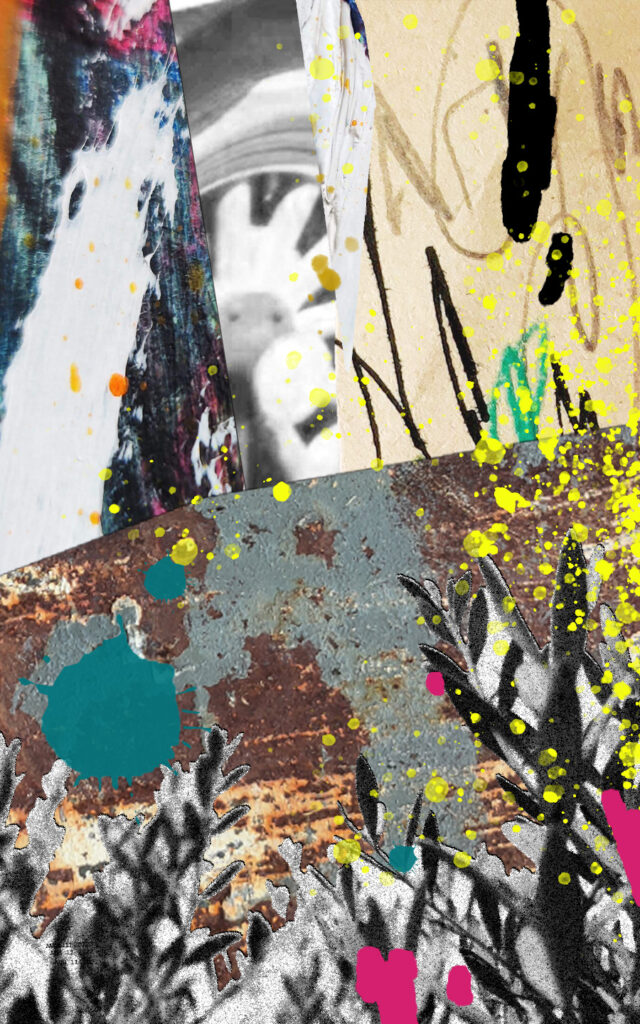 Ingrid Murray digital collage with textural and plant elements, black scribbles, and yellow, pink, and peacock drips.