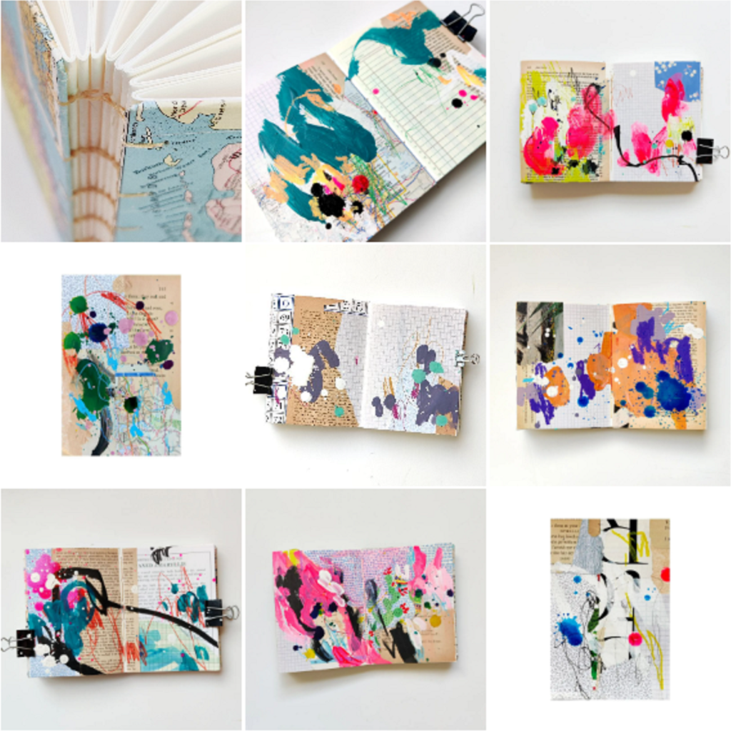 A three-by-three grid of nine square Instagram posts. Two images are index cards with mixed media; six are open mixed media art journal pages; and one is the spine of a handmade art journal with a map cover.