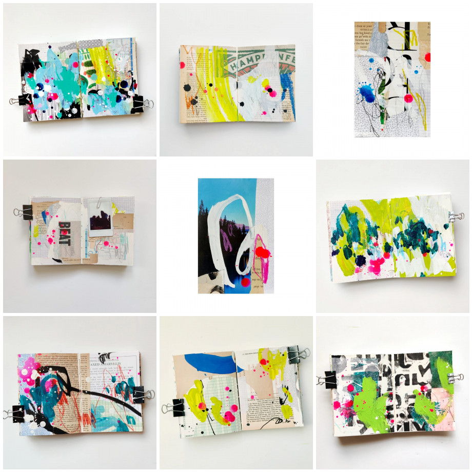 A three-by-three grid of nine square Instagram posts. Two images are index cards with mixed media; the rest are open mixed media art journal pages.