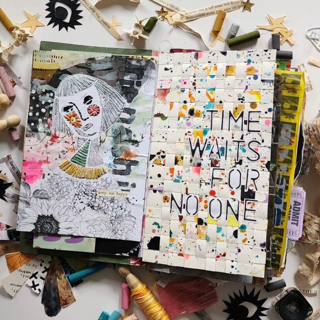 Open mixed media art journal page. There is a face on the left with stitching and on the right reads, "Time waits for no one."