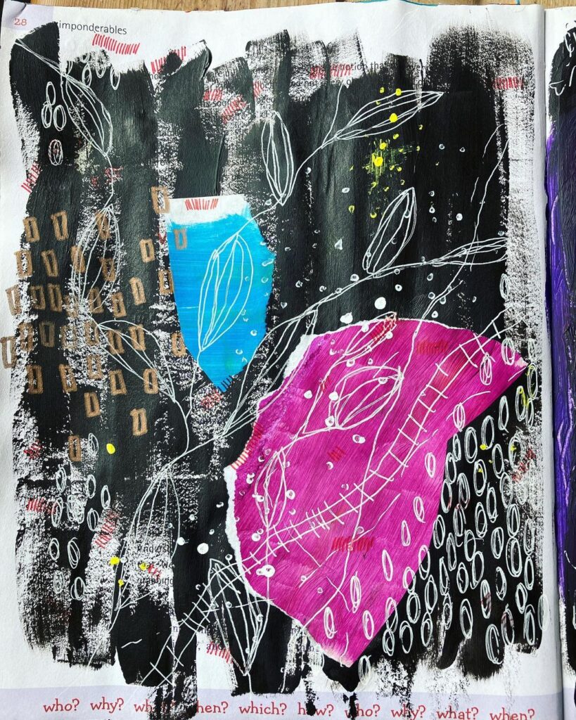 A mixed media art journal page featuring black, pink, and blue with white doodles.
