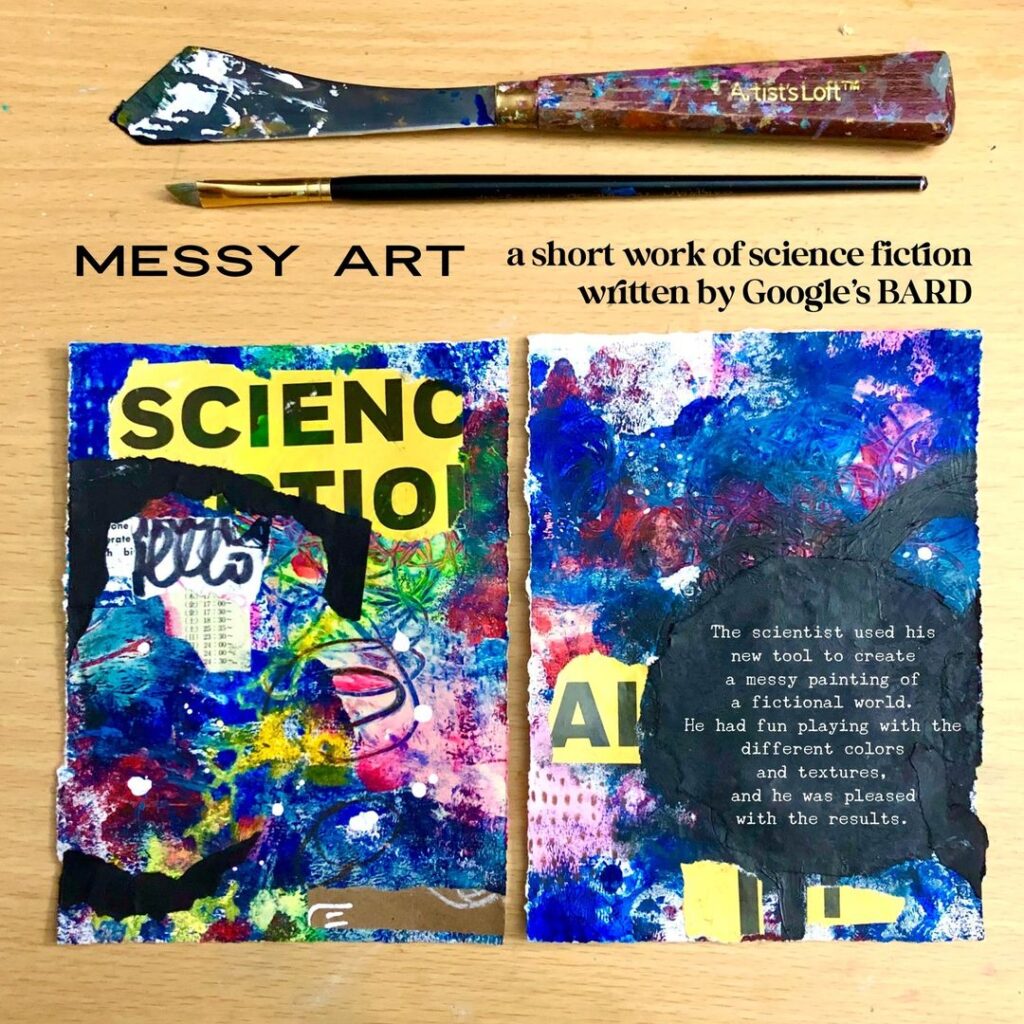 An open mixed media art journal. Fragments of words can be seen, and paint in dark blue. At the right reads, "The scientist used his new tool to create a messy painting of a fictional world. He had fun playing with the different colors and textures, and he was pleased with the result."