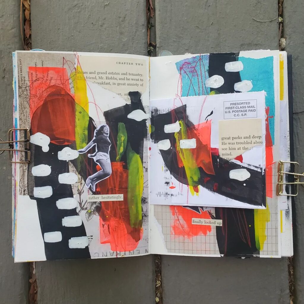 An open mixed media art journal page. A layer of collage is topped with bold marks in neon orange, green, blue, black, and white.