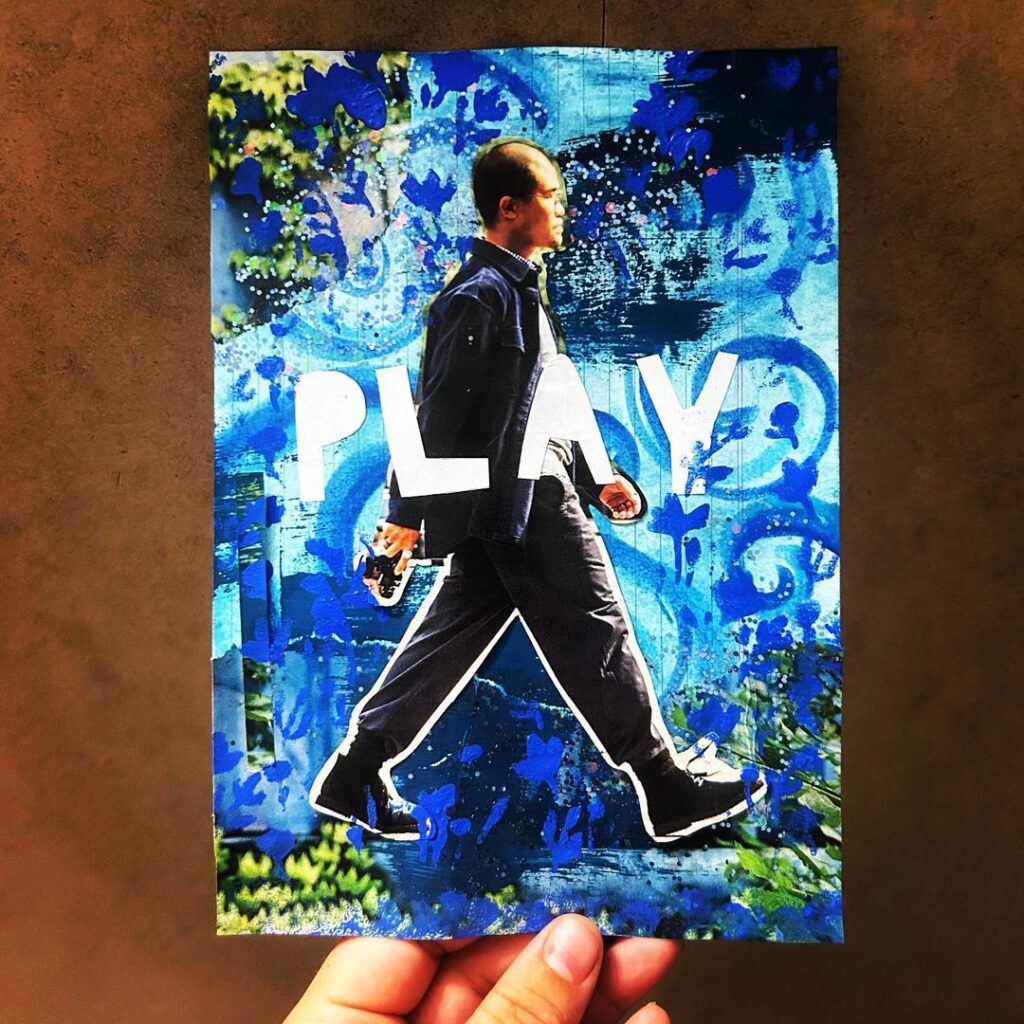 A mixed media piece featuring a collaged man walking, blue background, and the word PLAY in white.