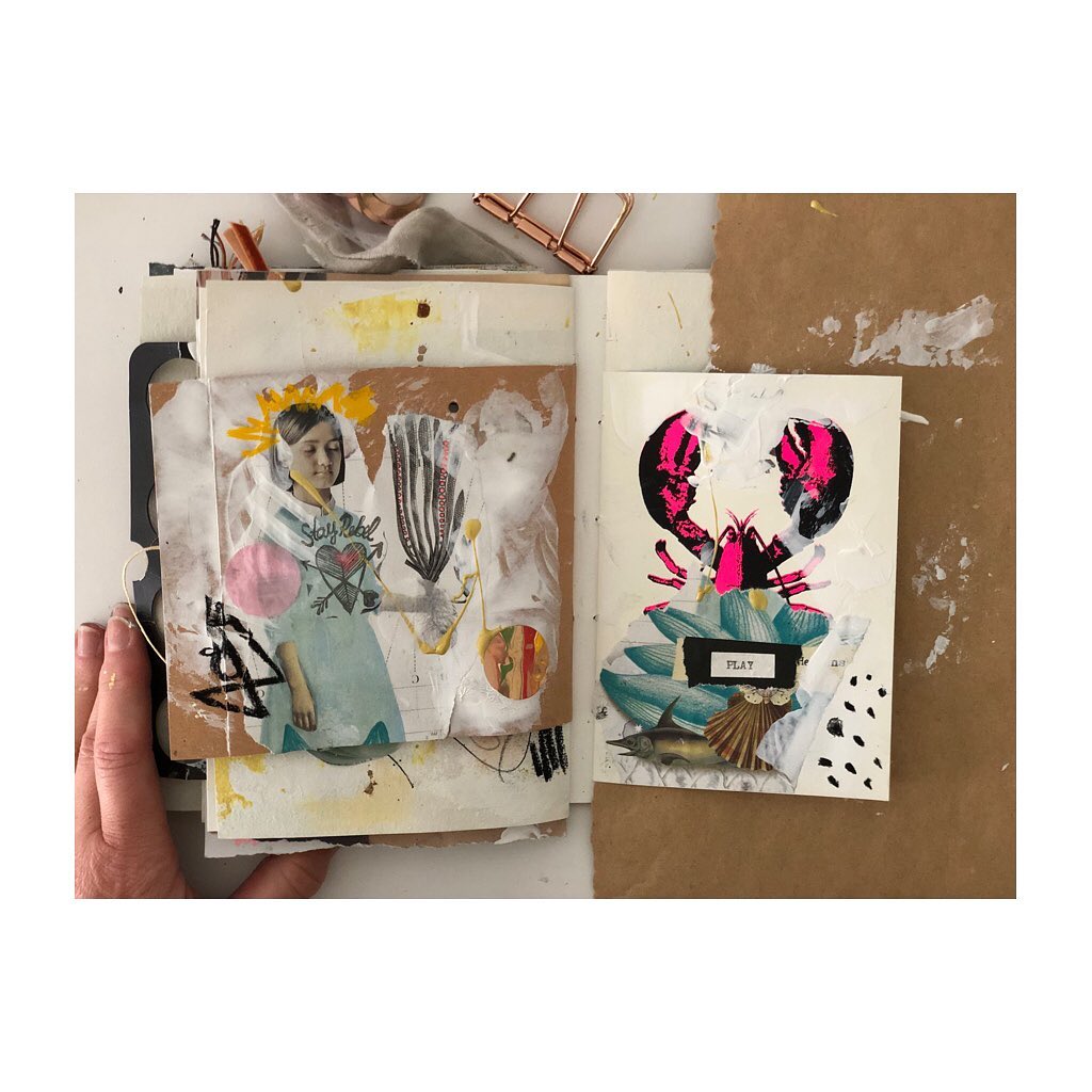 An open mixed media art journal. At right is collaged lobster accented with bright pink paint and other sea-themed collage; at right is a child holding a plant. There are accents of black, yellow, and white.