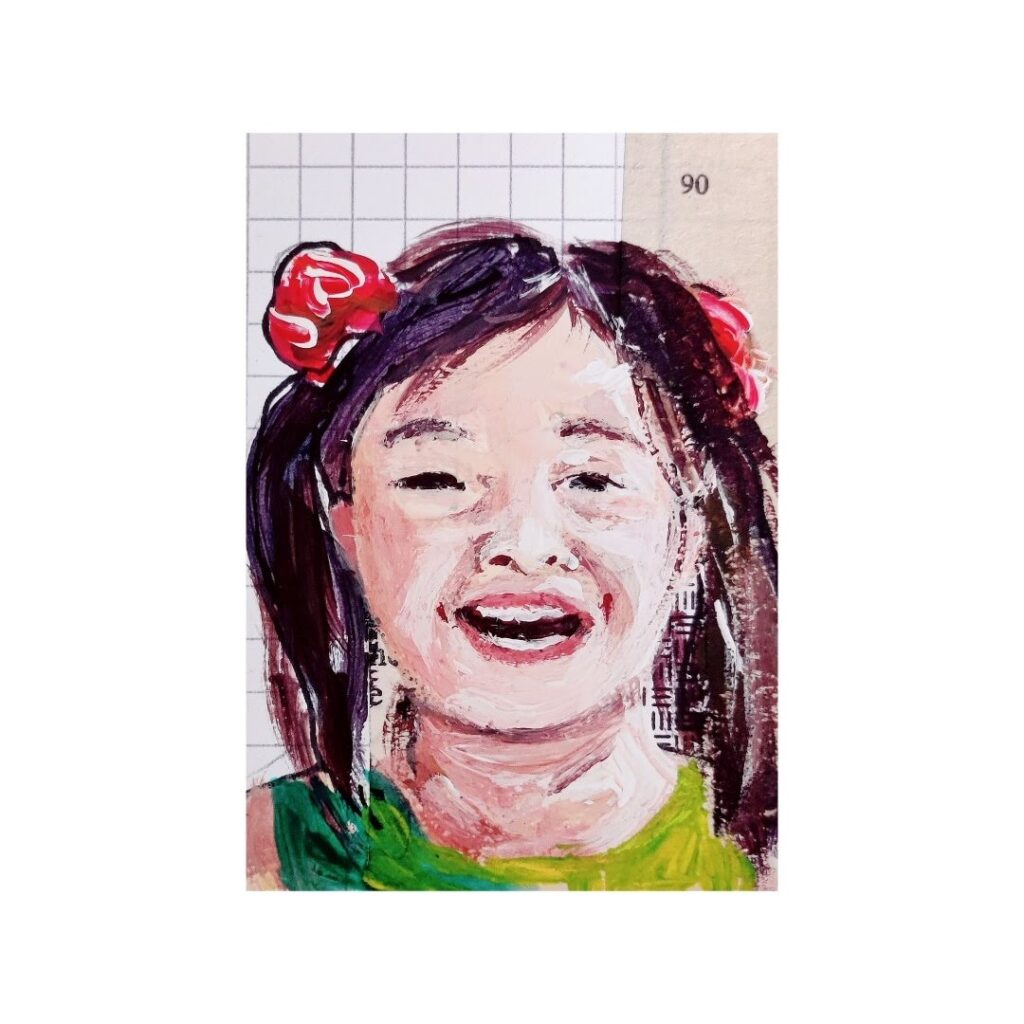 An acrylic portrait — atop a collaged background — of a smiling Asian child in a green shirt and pigtails.
