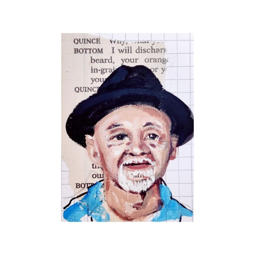 An acrylic portrait — atop a collaged background — of a smiling man with a white goatee, in a blue shirt and black hat.
