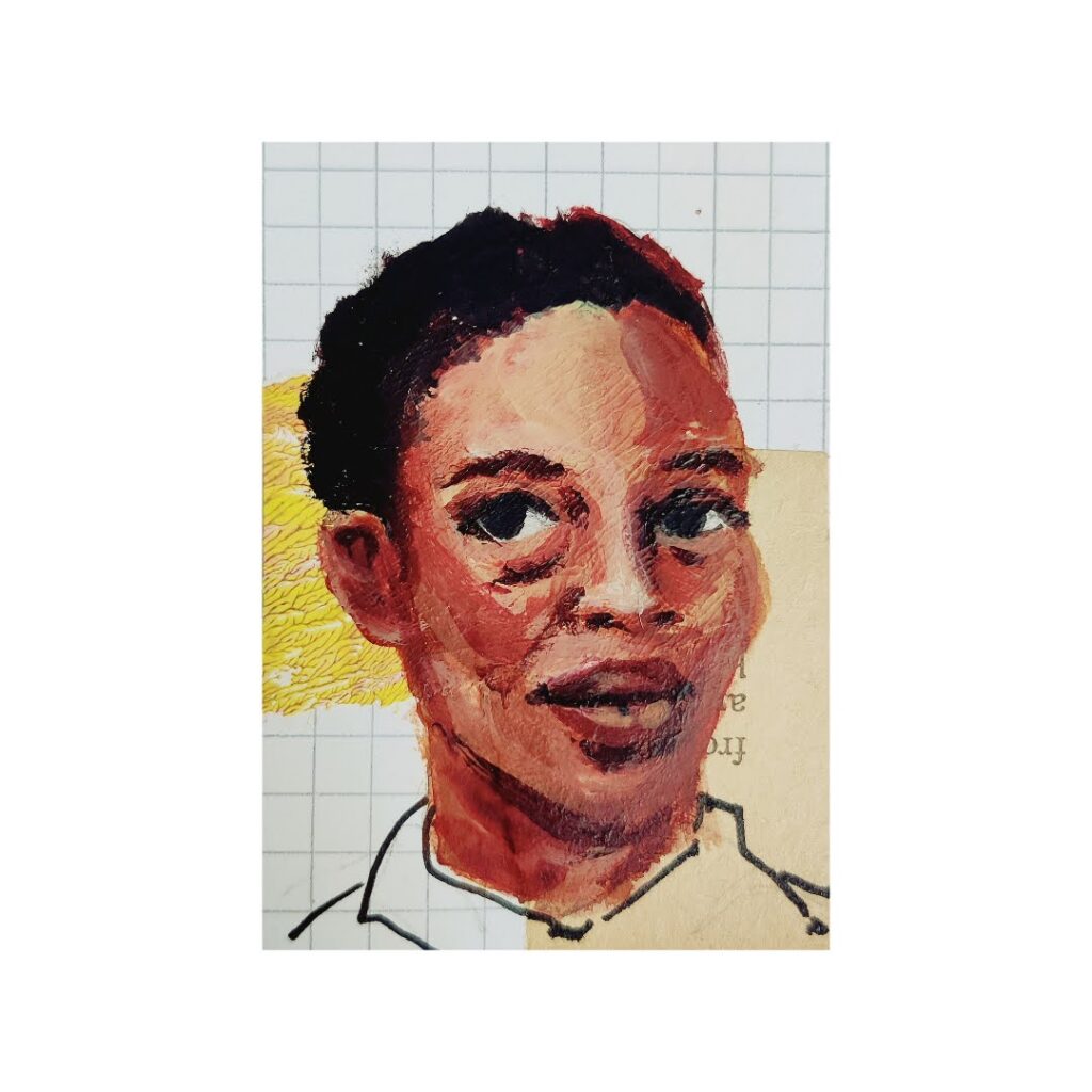 An acrylic portrait — atop a collaged background — of a dark-skinned androgynous-looking person with short black hair.