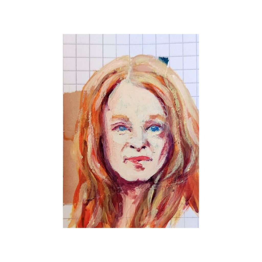 An acrylic portrait — atop a collaged background — of light-skinned woman with red hair and blue eyes.