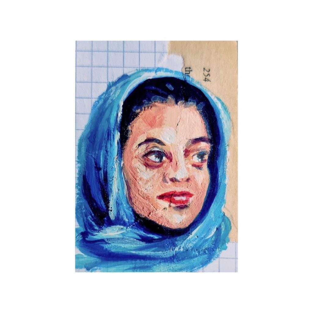 An acrylic portrait — atop a collaged background — of a woman with dark hair wearing a blue hijab.