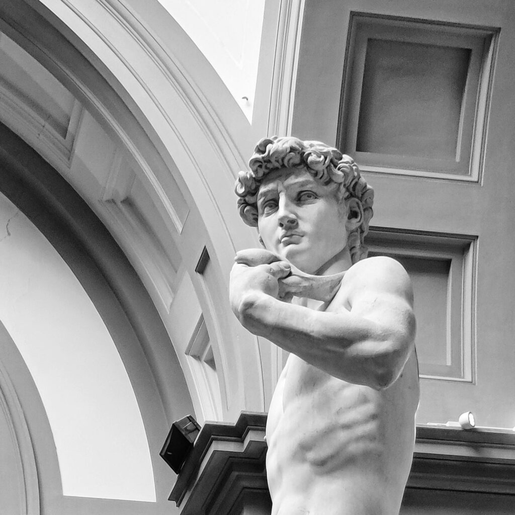 A black and white close up of the face and torso of Michaelangelo' David