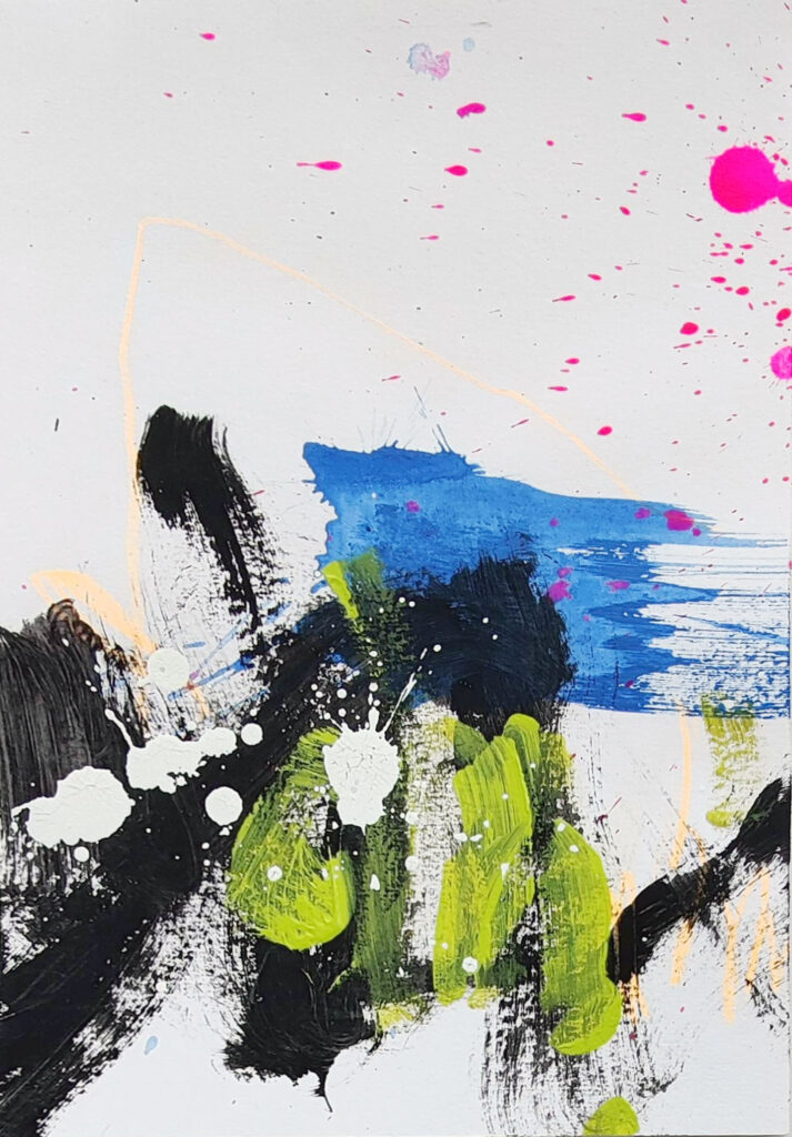Mixed media abstract piece. A white background is topped with energetic brush strokes and splatter in black, lime green, blue, neon pink, and white.