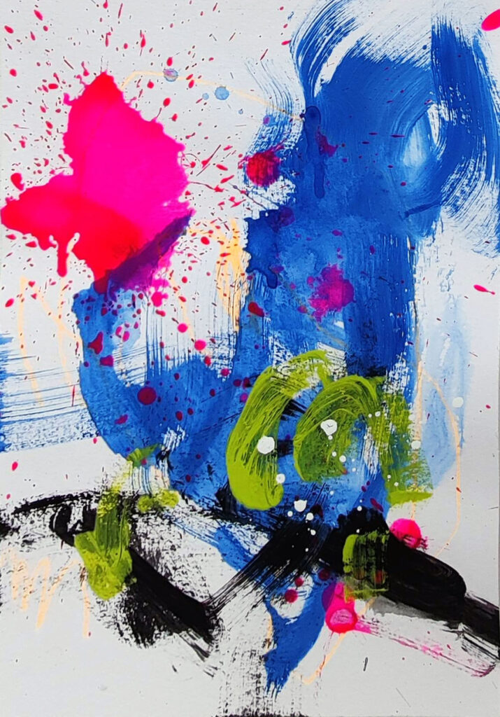 Mixed media abstract piece. A white background is topped with energetic brush strokes and splatter in black, lime green, blue, neon pink, and white.
